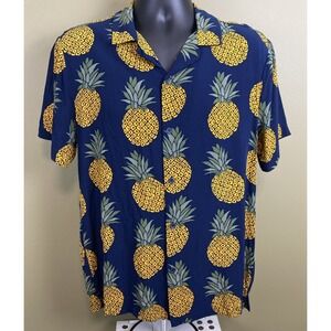 Cactus Man Shirt Mens Large Navy w/ Pineapples Hawaiian Tropical Camp Cuban